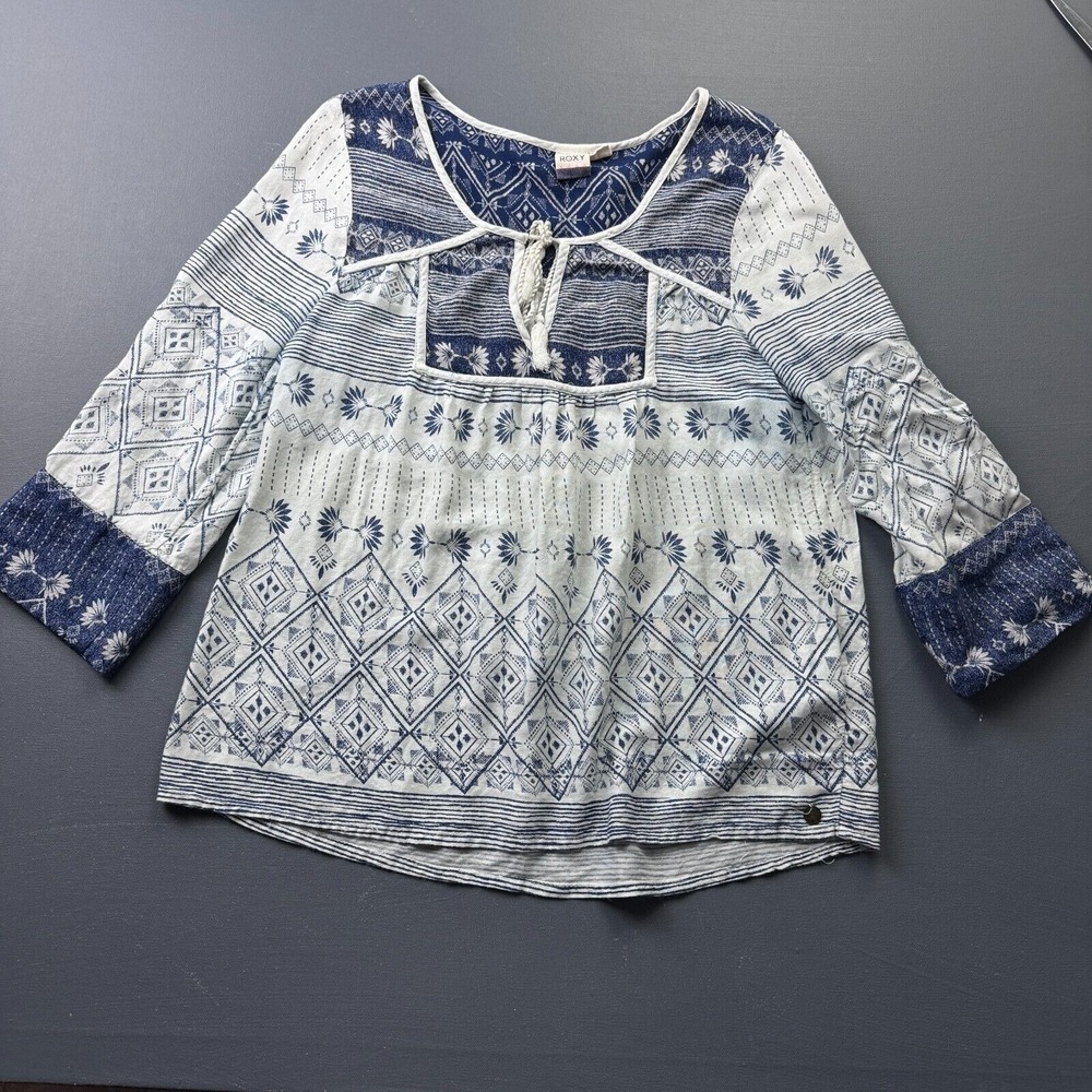 Roxy Boho Peasant Blouse Women's Small Blue White Tie Front 3/4 Sleeve Boho Top